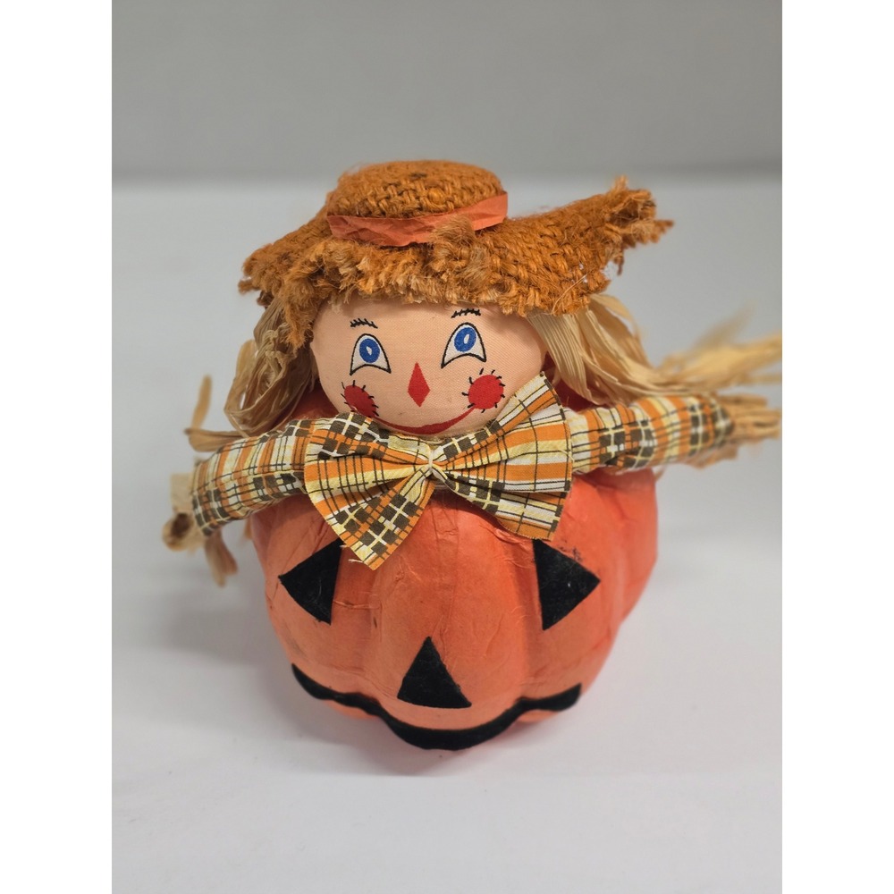 Vintage 1992 ABC Distributing Scarecrow Pumpkin Figurine Fall Decor Plaid Bow